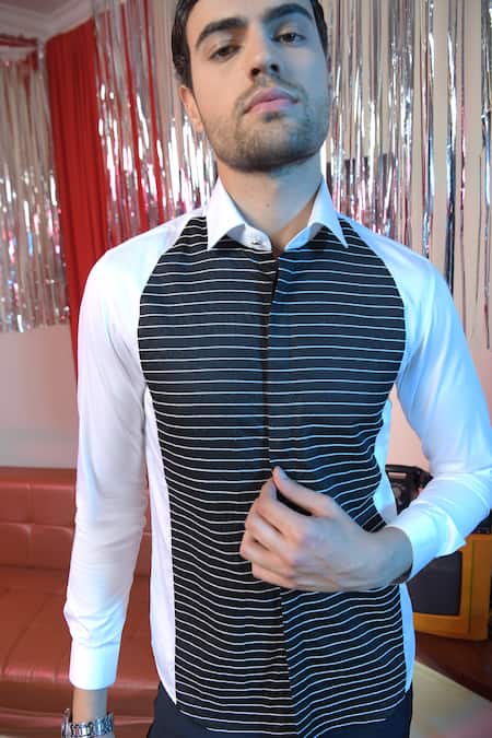 Shop Abkasa Beige Polyester, Viscose Cassette Colourblock Panel Shirt at Aza Fashions Shop_Abkasa_Beige Polyester, Viscose Cassette Colourblock Panel Shirt _at_Aza_Fashions