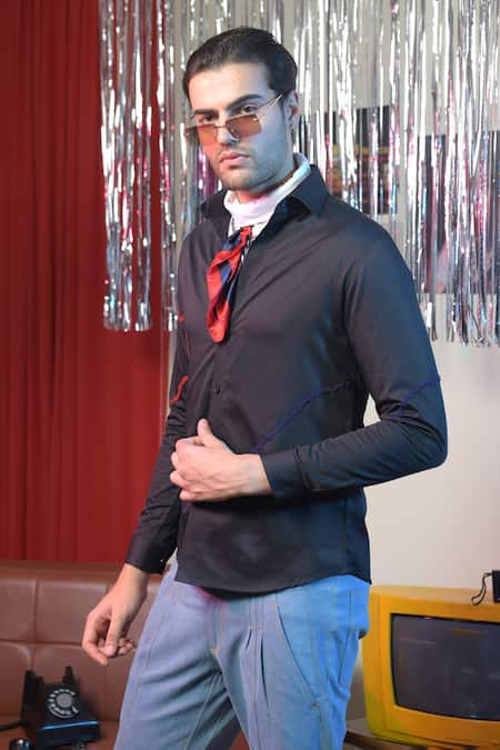 Shop Abkasa Black Cotton Cut Work Projector Placed Cutdana Pattern Shirt at Aza Fashions Shop_Abkasa_Black Cotton Cut Work Projector Placed Cutdana Pattern Shirt _at_Aza_Fashions