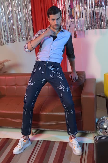 Shop Abkasa Blue Cotton Patchwork Puzzle Shirt at Aza Fashions Shop_Abkasa_Blue Cotton Patchwork Puzzle Shirt _at_Aza_Fashions