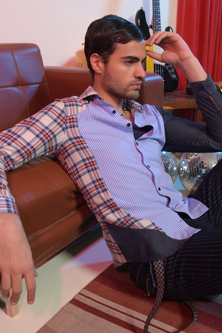 Abkasa Blue Cotton Patchwork Puzzle Shirt Online at Aza Fashions Abkasa_Blue Cotton Patchwork Puzzle Shirt _Online_at_Aza_Fashions