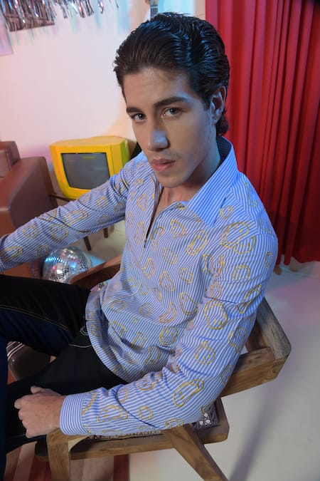 Shop Abkasa Blue Cotton Embroidery Emo Smiley Shirt at Aza Fashions Shop_Abkasa_Blue Cotton Embroidery Emo Smiley Shirt _at_Aza_Fashions