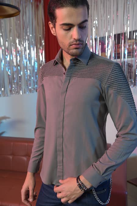Shop Abkasa Grey Polyester, Viscose Embroidery Sandy Placement Panel Shirt at Aza Fashions Shop_Abkasa_Grey Polyester, Viscose Embroidery Sandy Placement Panel Shirt _at_Aza_Fashions