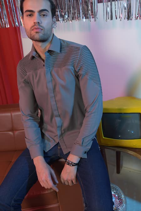 Abkasa Grey Polyester, Viscose Embroidery Sandy Placement Panel Shirt Online at Aza Fashions Abkasa_Grey Polyester, Viscose Embroidery Sandy Placement Panel Shirt _Online_at_Aza_Fashions