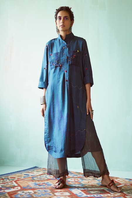 Medha Blue Abstract Embroidered Tunic And Pant Set 