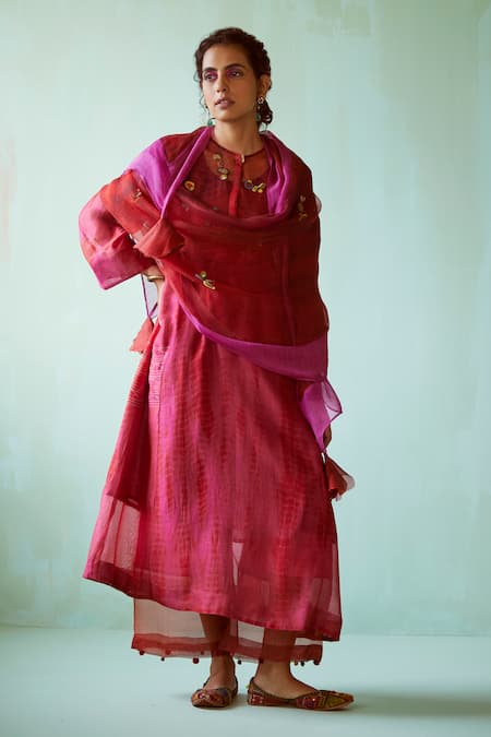 Medha Pink Chanderi Hand Embroidered Tie-dye Pattern Sheer Tunic Pant Set  