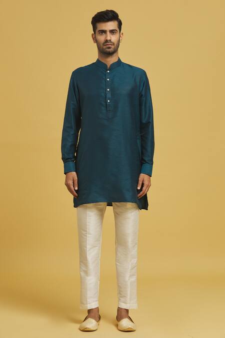 Rng Safawala_Blue Silk Embroidery, Sequins Geometric Bundi And Kurta Set _Online_at_Aza_Fashions