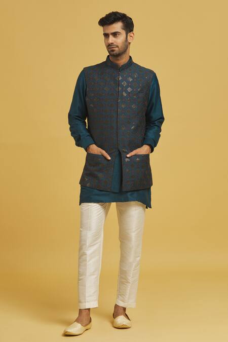 Buy_Rng Safawala_Blue Silk Embroidery, Sequins Geometric Bundi And Kurta Set _Online_at_Aza_Fashions