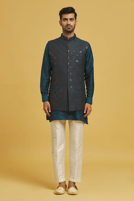 Shop_Rng Safawala_Blue Silk Embroidery, Sequins Geometric Bundi And Kurta Set _Online_at_Aza_Fashions