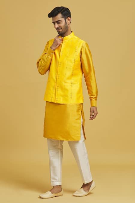 Shop_Rng Safawala_Yellow , Silk, Satin Sequins, Embroidery Bundi And Kurta Set _Online_at_Aza_Fashions