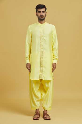 Rng Safawala Yellow Cotton, Silk Embroidery Placket Kurta And Pant Set For Kids Online at Aza Fashions Rng Safawala_Yellow Cotton, Silk Embroidery Placket Kurta And Pant Set For Kids_Online_at_Aza_Fashions