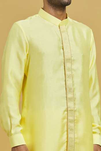 Shop Rng Safawala Yellow Cotton, Silk Embroidery Placket Kurta And Pant Set For Kids Online at Aza Fashions Shop_Rng Safawala_Yellow Cotton, Silk Embroidery Placket Kurta And Pant Set For Kids_Online_at_Aza_Fashions