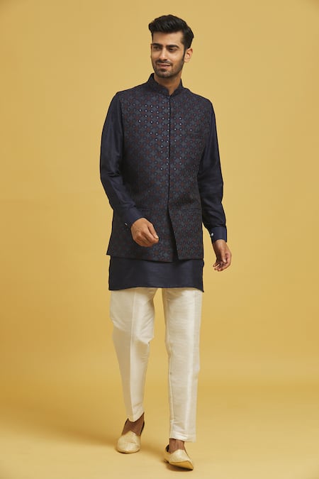 RNG Safawala Blue Raw Silk Embroidered Thread Bundi With Kurta Set 