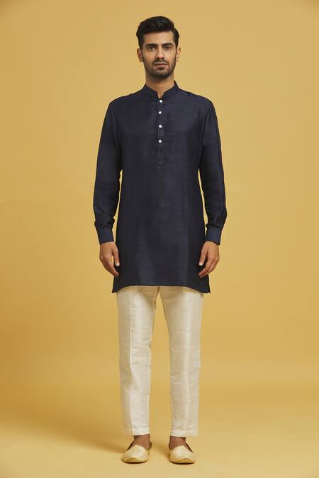 Rng Safawala_Blue Silk, Cotton Sequins, Embroidery Navy Bundi Kurta Set _Online_at_Aza_Fashions