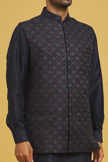 Shop_Rng Safawala_Blue Silk, Cotton Sequins, Embroidery Navy Bundi Kurta Set _Online_at_Aza_Fashions