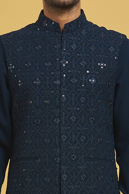 Buy Rng Safawala Blue Cotton, Silk Sequins, Embroidery Bundi Jacket And Kurta Set Online at Aza Fashions Buy_Rng Safawala_Blue Cotton, Silk Sequins, Embroidery Bundi Jacket And Kurta Set_Online_at_Aza_Fashions