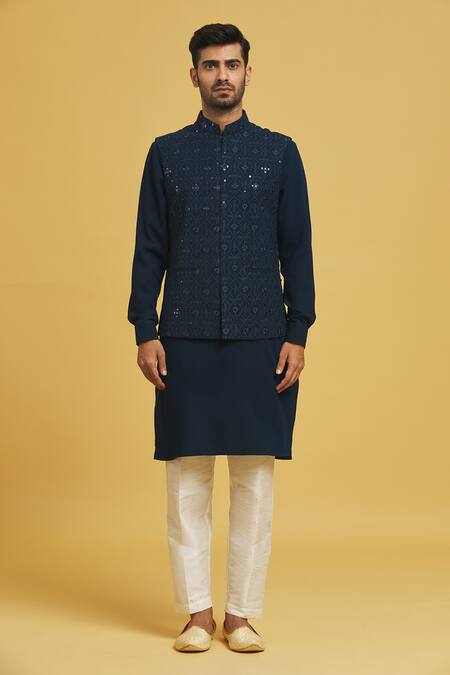 Shop Rng Safawala Blue Cotton, Silk Sequins, Embroidery Bundi Jacket And Kurta Set Online at Aza Fashions Shop_Rng Safawala_Blue Cotton, Silk Sequins, Embroidery Bundi Jacket And Kurta Set_Online_at_Aza_Fashions