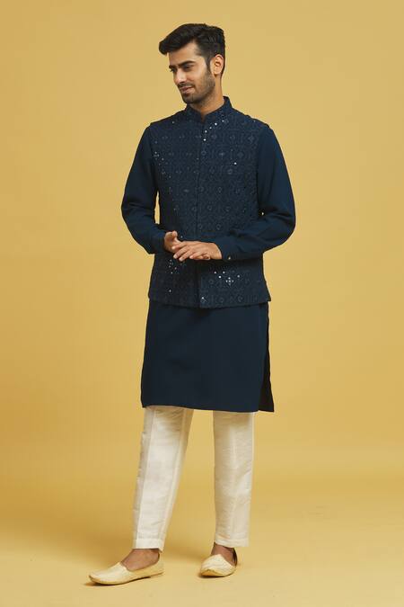 Rng Safawala Blue Cotton, Silk Sequins, Embroidery Bundi Jacket And Kurta Set at Aza Fashions Rng Safawala_Blue Cotton, Silk Sequins, Embroidery Bundi Jacket And Kurta Set_at_Aza_Fashions