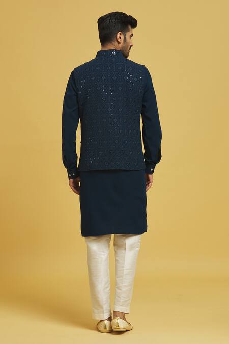 Shop Rng Safawala Blue Cotton, Silk Sequins, Embroidery Bundi Jacket And Kurta Set at Aza Fashions Shop_Rng Safawala_Blue Cotton, Silk Sequins, Embroidery Bundi Jacket And Kurta Set_at_Aza_Fashions