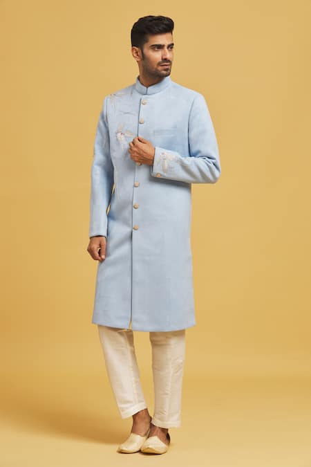 Rng Safawala Sky Blue Suede, Silk, Cotton Cut Work Cutdana Embroidered Achkan Set Online at Aza Fashions Rng Safawala_Sky Blue Suede, Silk, Cotton Cut Work Cutdana Embroidered Achkan Set _Online_at_Aza_Fashions