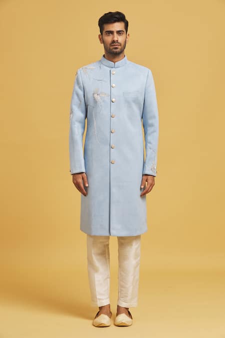Buy Rng Safawala Sky Blue Suede, Silk, Cotton Cut Work Cutdana Embroidered Achkan Set Online at Aza Fashions Buy_Rng Safawala_Sky Blue Suede, Silk, Cotton Cut Work Cutdana Embroidered Achkan Set _Online_at_Aza_Fashions