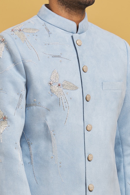 Shop Rng Safawala Sky Blue Suede, Silk, Cotton Cut Work Cutdana Embroidered Achkan Set Online at Aza Fashions Shop_Rng Safawala_Sky Blue Suede, Silk, Cotton Cut Work Cutdana Embroidered Achkan Set _Online_at_Aza_Fashions