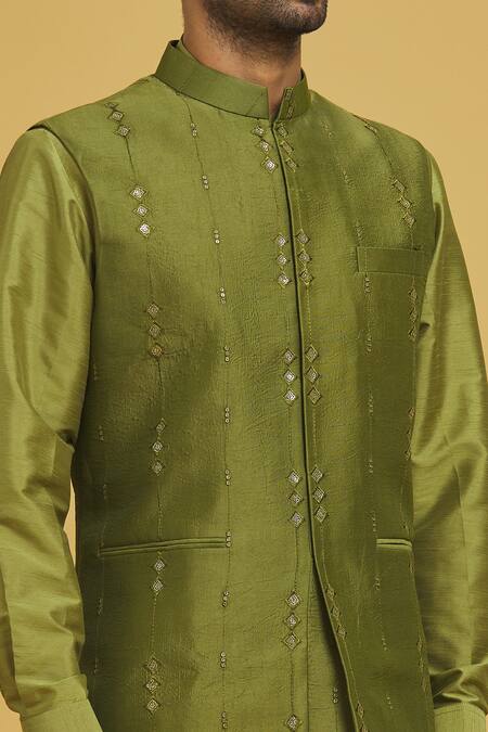 Buy Rng Safawala Green Cotton, Silk Sequins, Embroidery Bundi And Kurta Set Online at Aza Fashions Buy_Rng Safawala_Green Cotton, Silk Sequins, Embroidery Bundi And Kurta Set_Online_at_Aza_Fashions