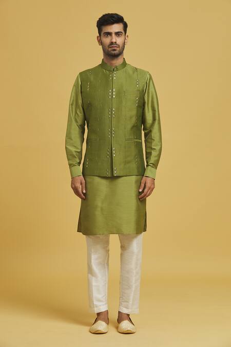Shop Rng Safawala Green Cotton, Silk Sequins, Embroidery Bundi And Kurta Set Online at Aza Fashions Shop_Rng Safawala_Green Cotton, Silk Sequins, Embroidery Bundi And Kurta Set_Online_at_Aza_Fashions