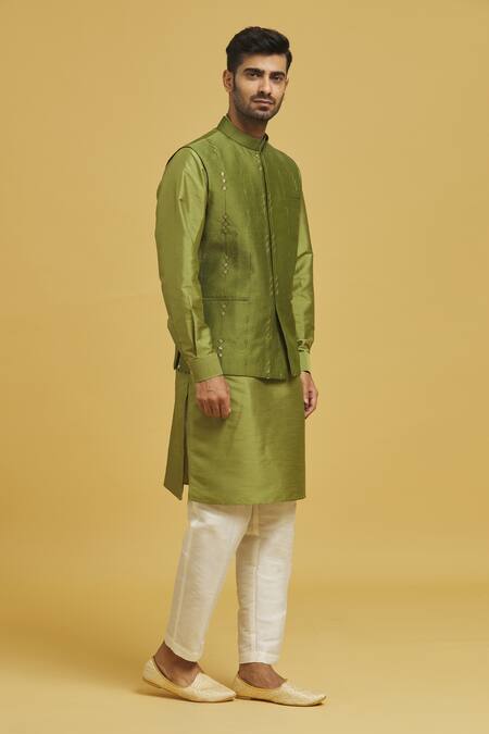 Rng Safawala Green Cotton, Silk Sequins, Embroidery Bundi And Kurta Set at Aza Fashions Rng Safawala_Green Cotton, Silk Sequins, Embroidery Bundi And Kurta Set_at_Aza_Fashions