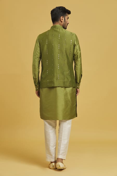 Shop Rng Safawala Green Cotton, Silk Sequins, Embroidery Bundi And Kurta Set at Aza Fashions Shop_Rng Safawala_Green Cotton, Silk Sequins, Embroidery Bundi And Kurta Set_at_Aza_Fashions