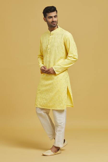 Rng Safawala_Yellow Cotton, Silk Embroidery Chikankari Floral Kurta Set_Online_at_Aza_Fashions