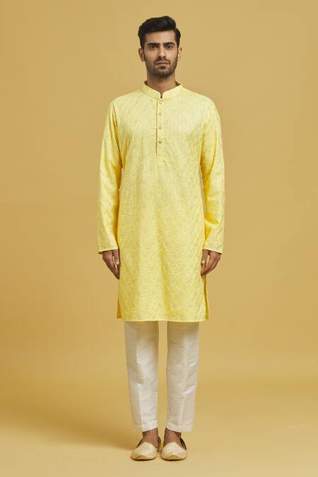 Buy_Rng Safawala_Yellow Cotton, Silk Embroidery Chikankari Floral Kurta Set_Online_at_Aza_Fashions
