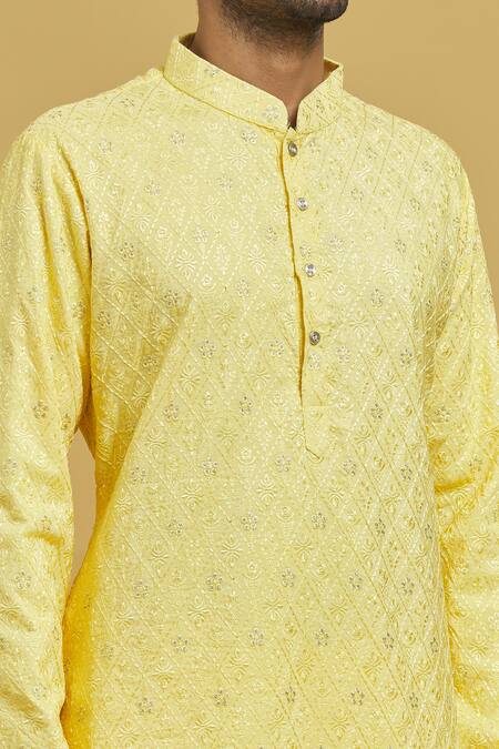 Shop_Rng Safawala_Yellow Cotton, Silk Embroidery Chikankari Floral Kurta Set_Online_at_Aza_Fashions