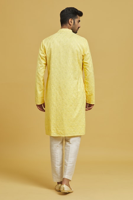Shop_Rng Safawala_Yellow Cotton, Silk Embroidery Chikankari Floral Kurta Set_at_Aza_Fashions