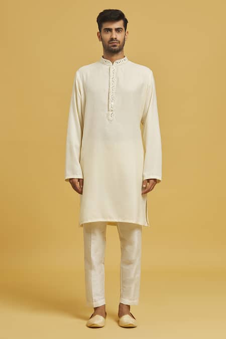 Rng Safawala_Off White Silk, Cotton Mirrors Embroidered Jacket Kurta Set_Online_at_Aza_Fashions