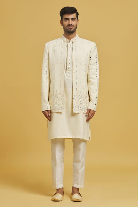 Buy_Rng Safawala_Off White Silk, Cotton Mirrors Embroidered Jacket Kurta Set_Online_at_Aza_Fashions