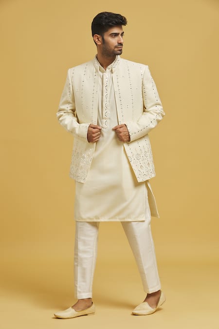 Shop_Rng Safawala_Off White Silk, Cotton Mirrors Embroidered Jacket Kurta Set_Online_at_Aza_Fashions