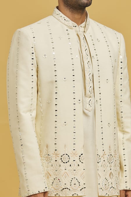 Rng Safawala_Off White Silk, Cotton Mirrors Embroidered Jacket Kurta Set_at_Aza_Fashions