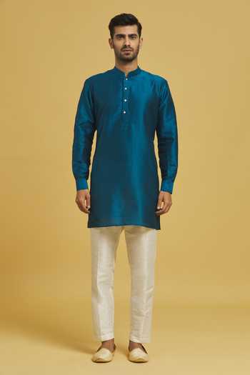 Rng Safawala_Blue Velvet, Silk, Cotton Embroidery Thread Bundi And Kurta Set _Online_at_Aza_Fashions