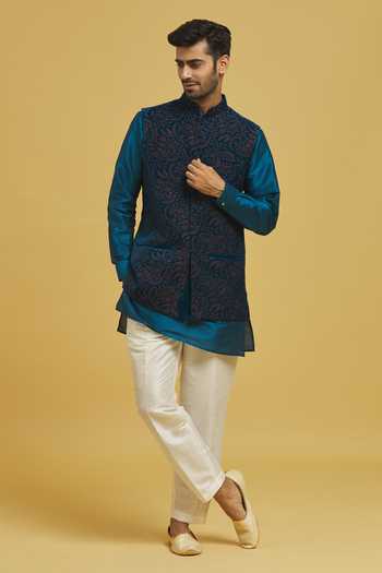 Buy_Rng Safawala_Blue Velvet, Silk, Cotton Embroidery Thread Bundi And Kurta Set _Online_at_Aza_Fashions