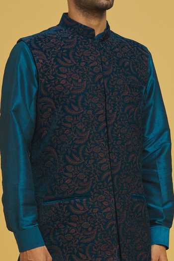 Shop_Rng Safawala_Blue Velvet, Silk, Cotton Embroidery Thread Bundi And Kurta Set _Online_at_Aza_Fashions