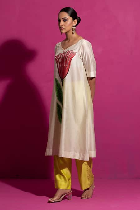 Saksham & Neharicka_Ivory Chanderi Sequins V-neck Champa Hand Painted Kurta _Online_at_Aza_Fashions