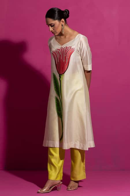 Buy_Saksham & Neharicka_Ivory Chanderi Sequins V-neck Champa Hand Painted Kurta _Online_at_Aza_Fashions