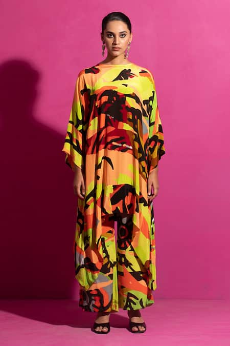 Shop Saksham & Neharicka Multi Color Crepe Round Neck Behroopiya Abstract Print Kurta With Pant Online at Aza Fashions Shop_Saksham & Neharicka_Multi Color Crepe Round Neck Behroopiya Abstract Print Kurta With Pant _Online_at_Aza_Fashions