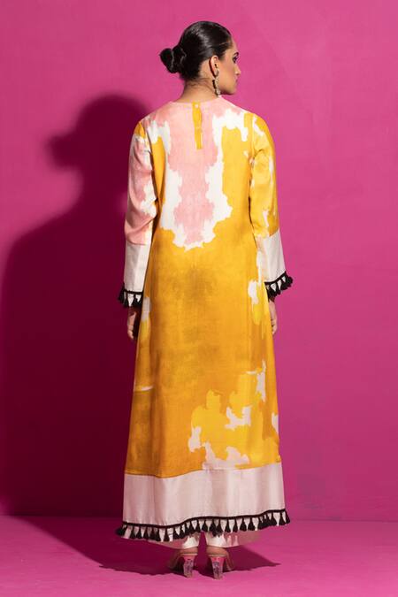 Shop Saksham & Neharicka Yellow Cotton Satin Tassels Scoop Abstract Print High Low Kurta With Palazzo at Aza Fashions Shop_Saksham & Neharicka_Yellow Cotton Satin Tassels Scoop Abstract Print High Low Kurta With Palazzo_at_Aza_Fashions