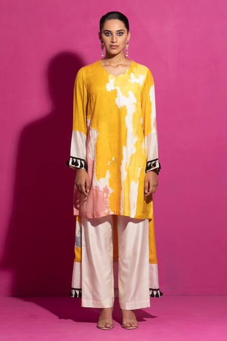 Saksham & Neharicka Yellow Cotton Satin Tassels Scoop Abstract Print High Low Kurta With Palazzo Online at Aza Fashions Saksham & Neharicka_Yellow Cotton Satin Tassels Scoop Abstract Print High Low Kurta With Palazzo_Online_at_Aza_Fashions