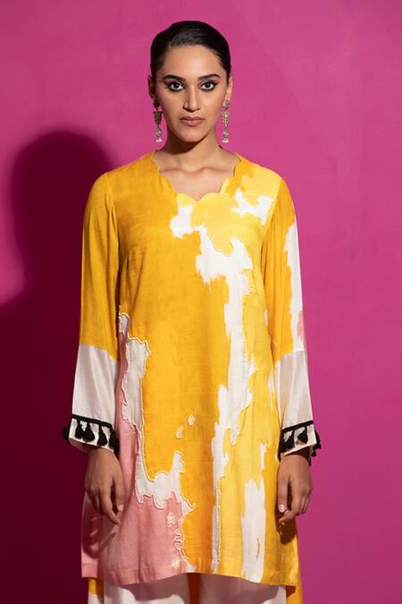 Buy Saksham & Neharicka Yellow Cotton Satin Tassels Scoop Abstract Print High Low Kurta With Palazzo Online at Aza Fashions Buy_Saksham & Neharicka_Yellow Cotton Satin Tassels Scoop Abstract Print High Low Kurta With Palazzo_Online_at_Aza_Fashions