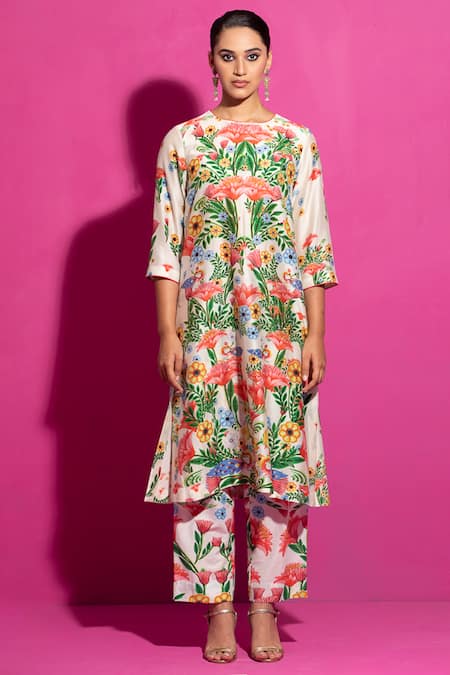 Buy_Saksham & Neharicka_Multi Color Chanderi Embroidery Round Neck Champa Bagh Printed Kurta Pant Set _Online_at_Aza_Fashions