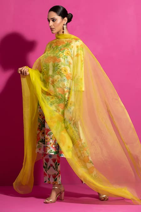 Shop_Saksham & Neharicka_Multi Color Chanderi Embroidery Round Neck Champa Bagh Printed Kurta Pant Set _Online_at_Aza_Fashions