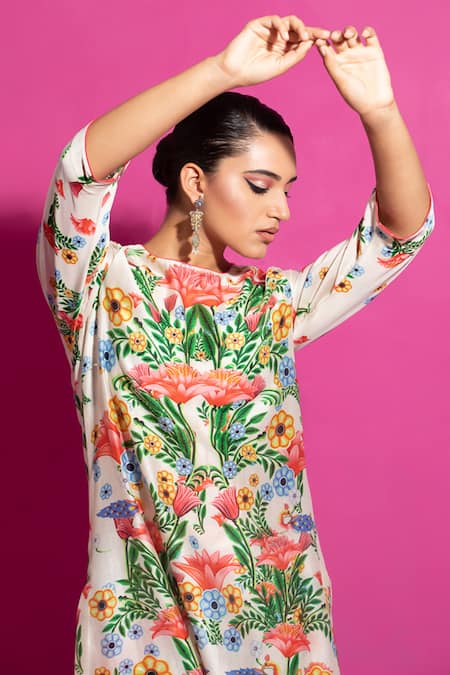 Saksham & Neharicka_Multi Color Chanderi Embroidery Round Neck Champa Bagh Printed Kurta Pant Set _at_Aza_Fashions