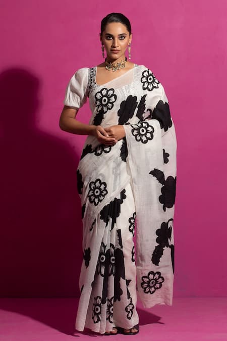 Saksham & Neharicka Ivory Cotton, Muslin Patchwork Nirjhara Saree With Unstitched Blouse Fabric at Aza Fashions Saksham & Neharicka_Ivory Cotton, Muslin Patchwork Nirjhara Saree With Unstitched Blouse Fabric _at_Aza_Fashions